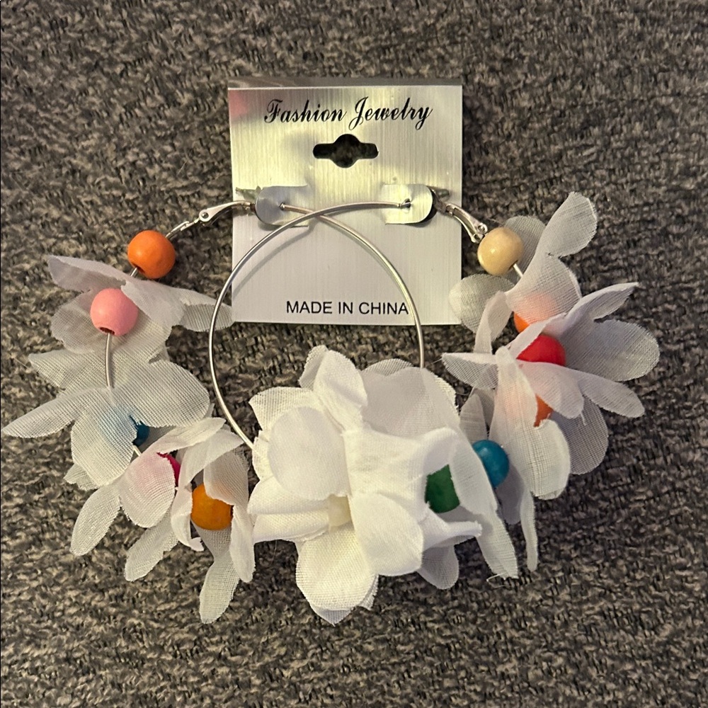 White Floral Hoop Earrings with Multicolor Beads